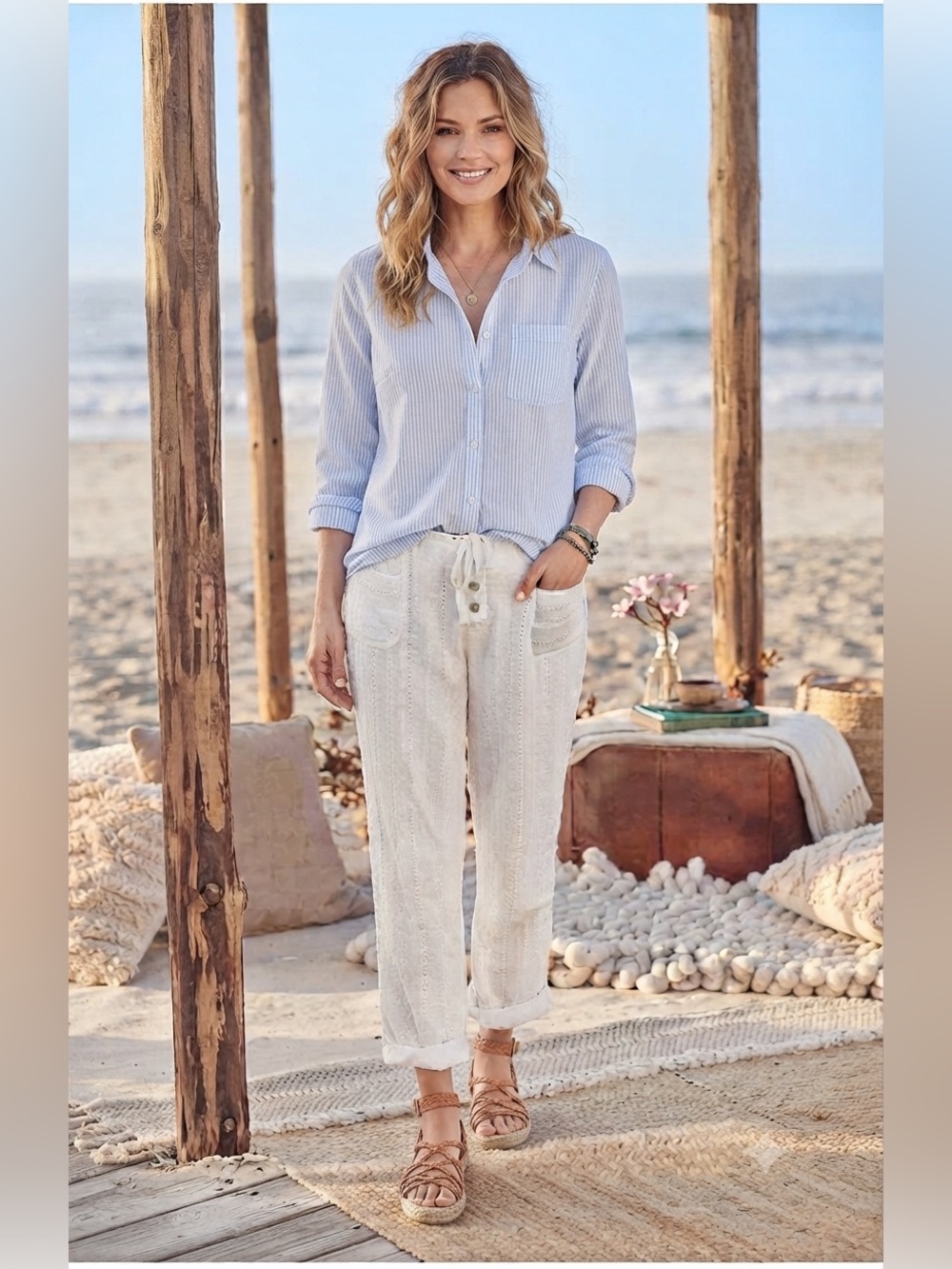 Sundance Gigi White Eyelet Drawstring Wide Leg Pants Button Up Cotton Size M